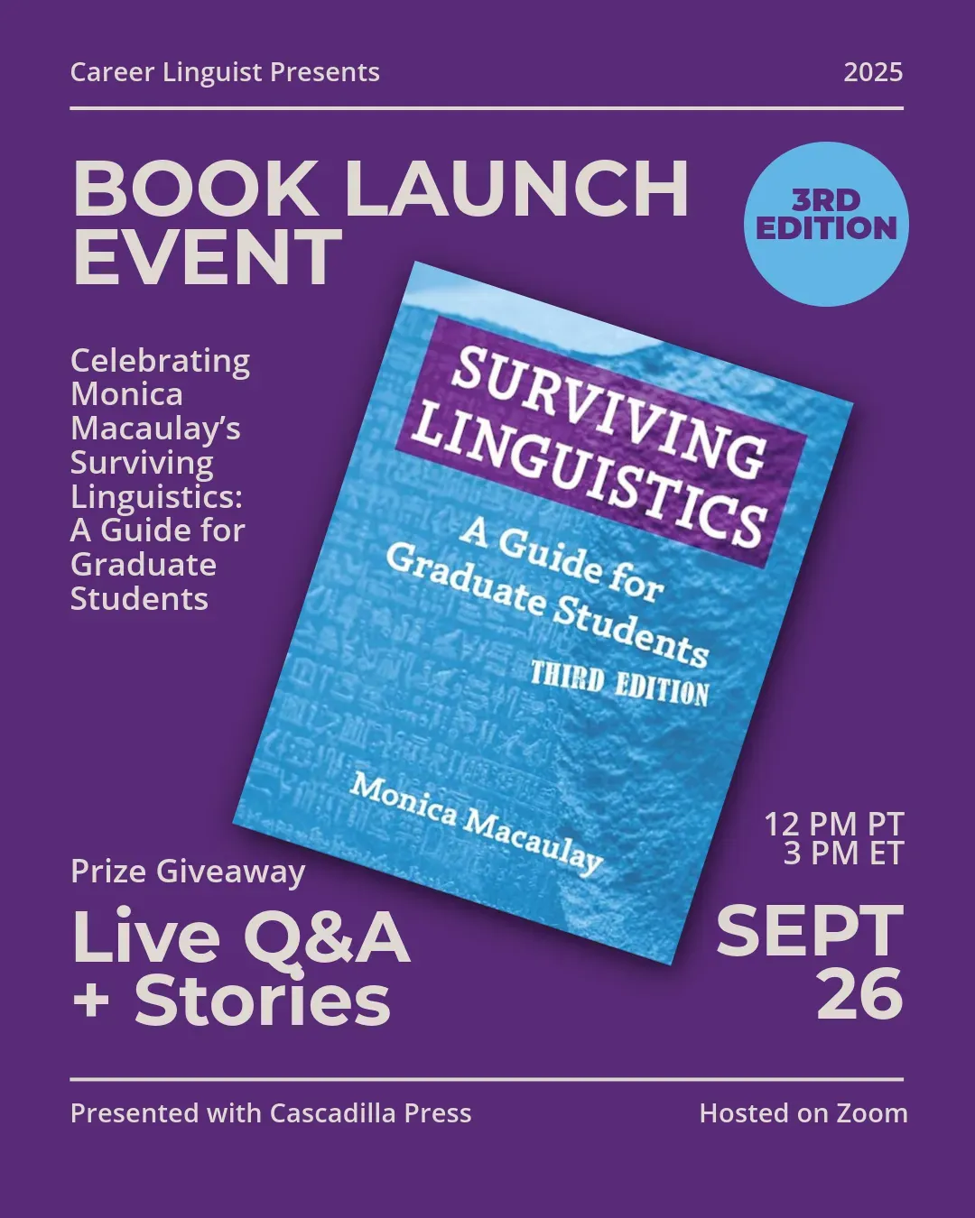 Event flyer for the “Surviving linguistics” book launch. Details provided below.