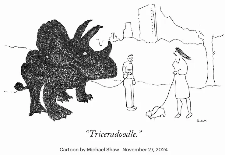 A cartoon showing two people in a park with a city skyline in the background. On the right, a person walks what appears to be a small regular dog on a leash. On the left, another person holds a leash attached to an enormous, dark triceratops dinosaur that dwarfs both humans. The triceratops has three horns and a frill, rendered in a stippled black texture. The caption reads "Triceradoodle." Cartoon by Michael Shaw, November 27, 2024.