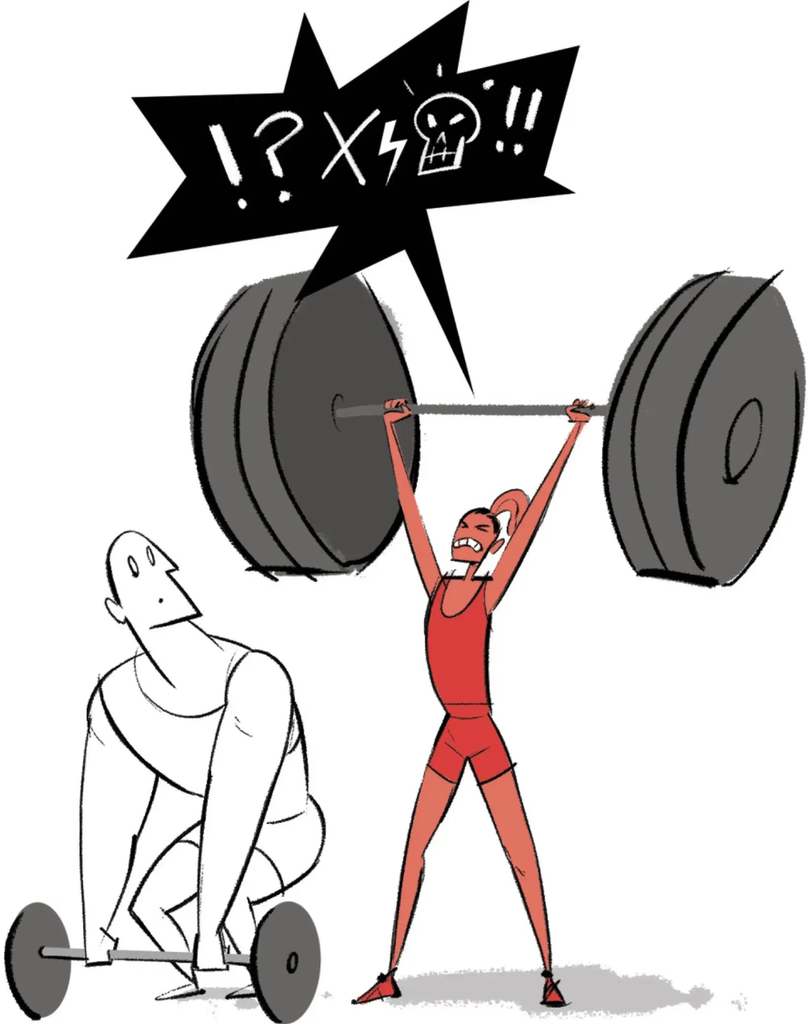 Illustration of two people at a gym: one person in white struggles to lift a small barbell while looking worried, while another person in red easily lifts a massive barbell overhead while shouting curse words (shown as symbols "!?X⚡💀!!" in a black speech bubble).