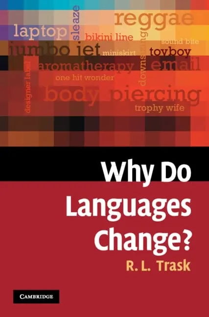 Book cover for "Why Do Languages Change?" by R. L. Trask, published by Cambridge. The cover features a pixelated heat map background with overlaid words in various colors including "laptop," "reggae," "jumbo jet," "bikini line," "miniskirt," "toyboy," "aromatherapy," "body piercing," and "trophy wife," illustrating examples of recent language change. The title appears in large white text across the center, with the author's name in gold below.