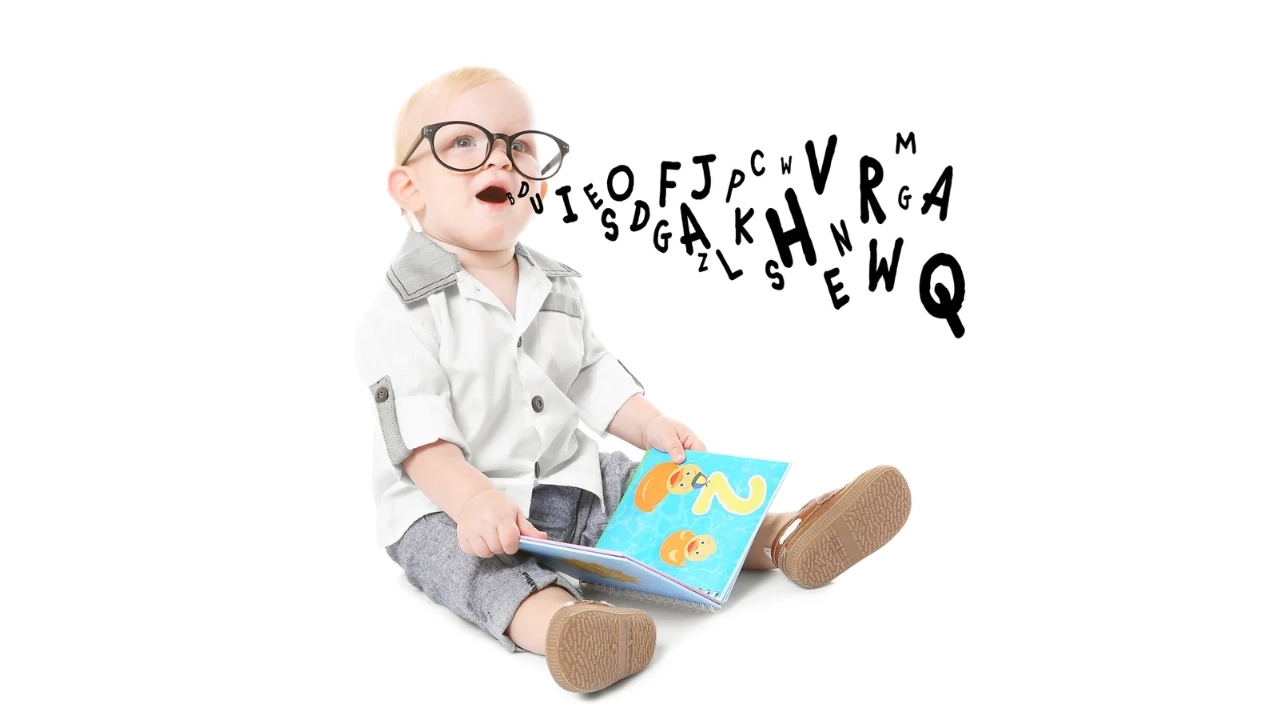 A baby wearing oversized black glasses sits on the floor holding an open picture book, with scattered letters floating from the child’s mouth against a white background.